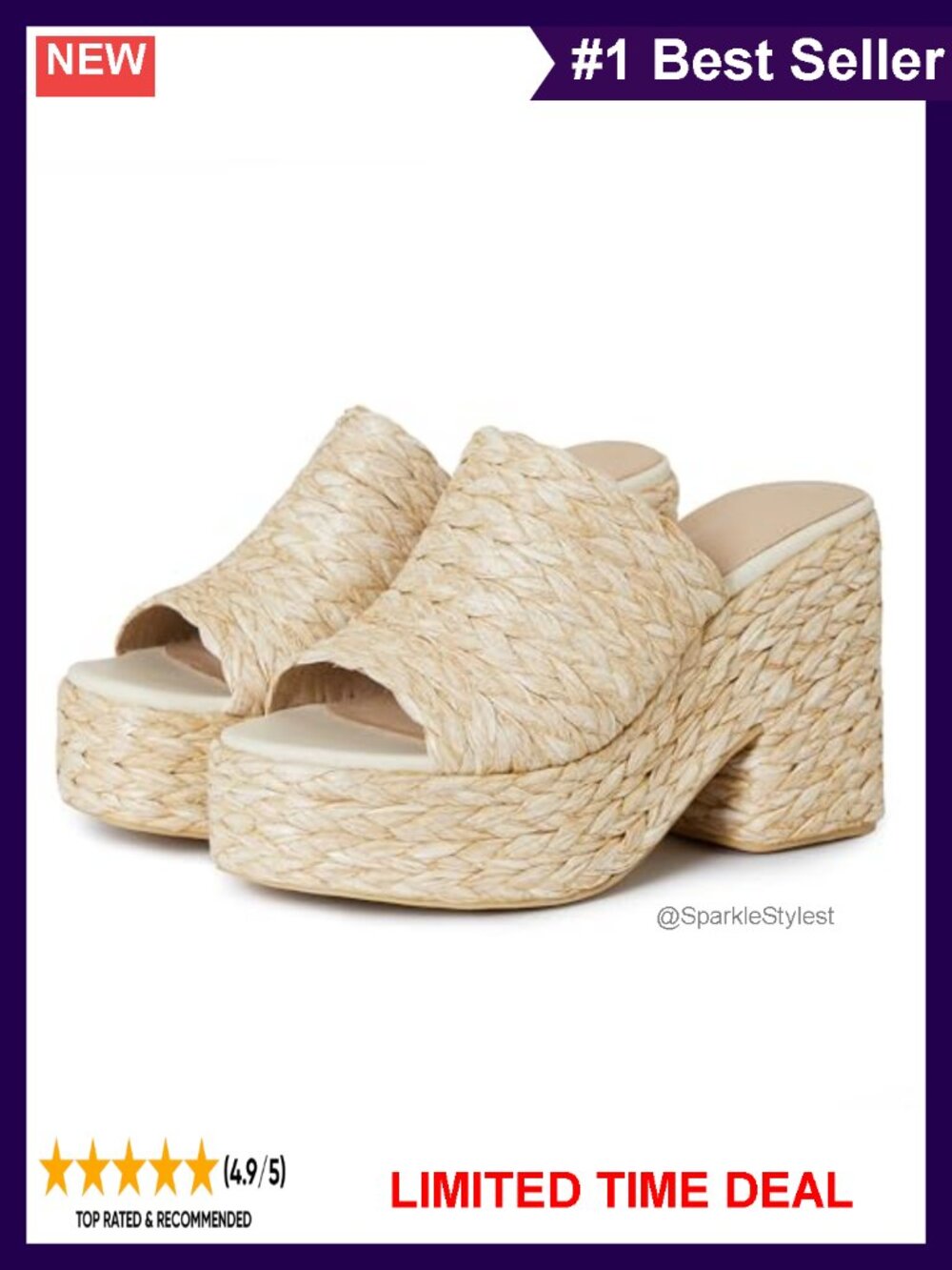 Women's Platform Wedge Sandals Woven Linen Raffia Open Toe Slip-On